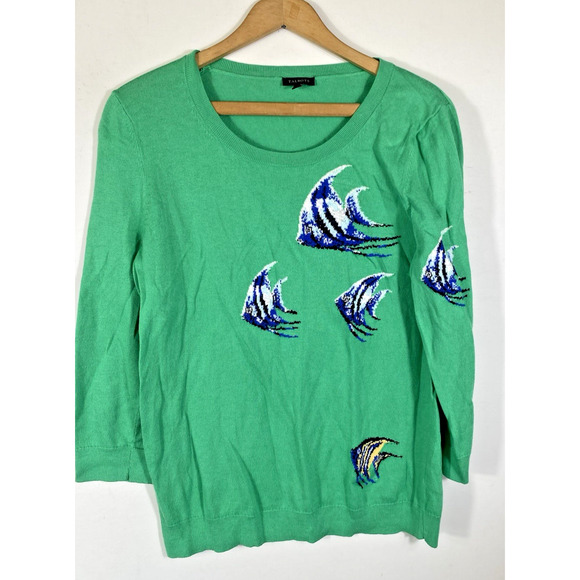 Talbots Sweater Large Fish Pattern Soft Knit Green Blue Coastal Preppy Novelty - Picture 4 of 9